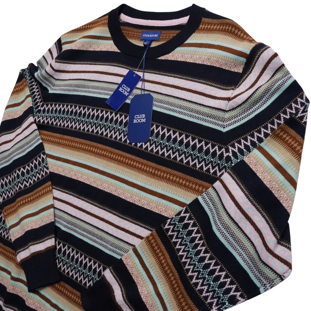 Club‎ Room Mens Large Merino Wool Sweater Navy Fair Isle Striped Crewneck